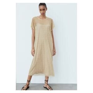 NWT ZARA Mesh Pearl Beaded Midi‎ Dress XS/S Tan